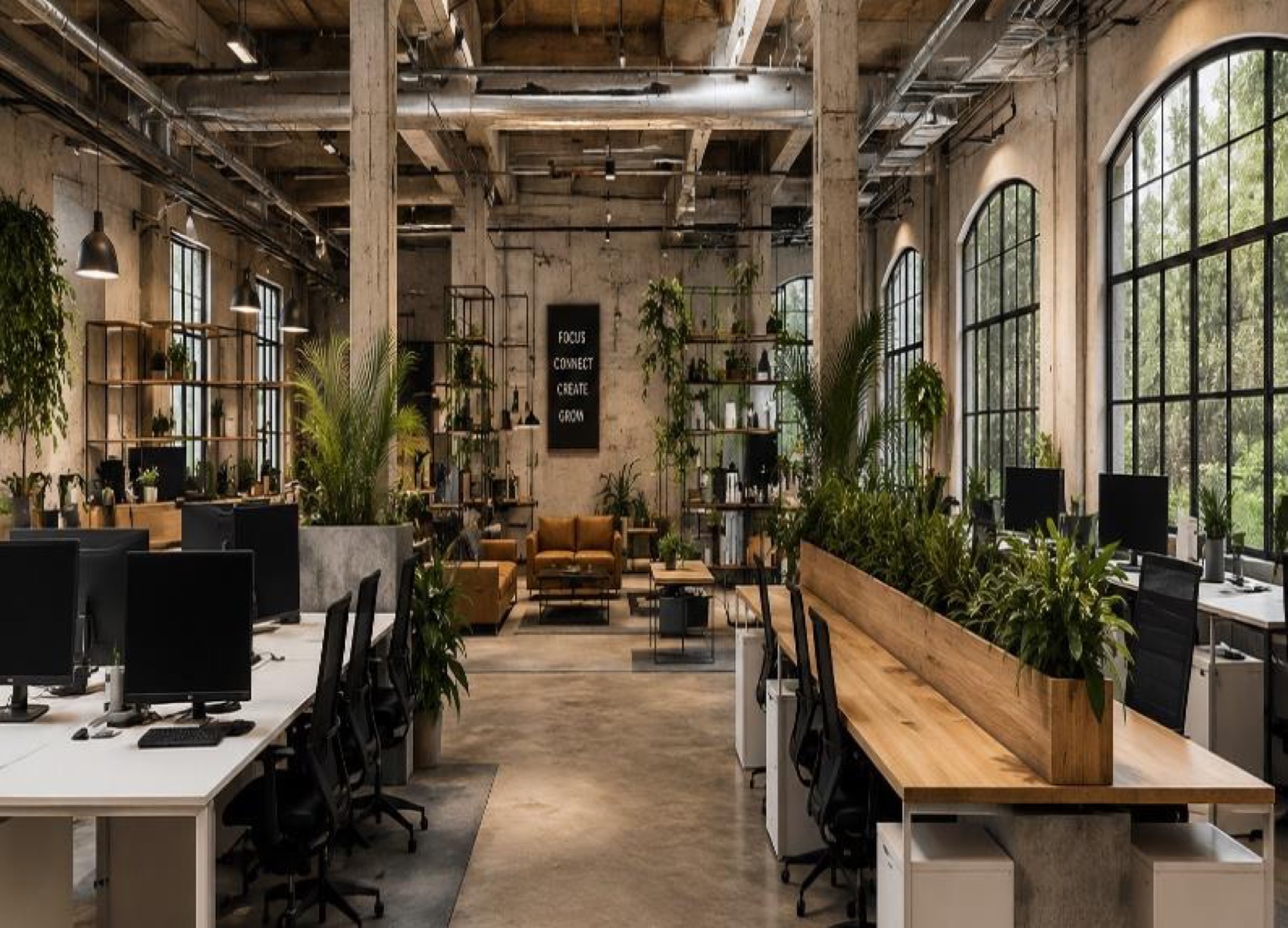 Co-working floor beneath the original structure — “focus, connect, create, grow.”