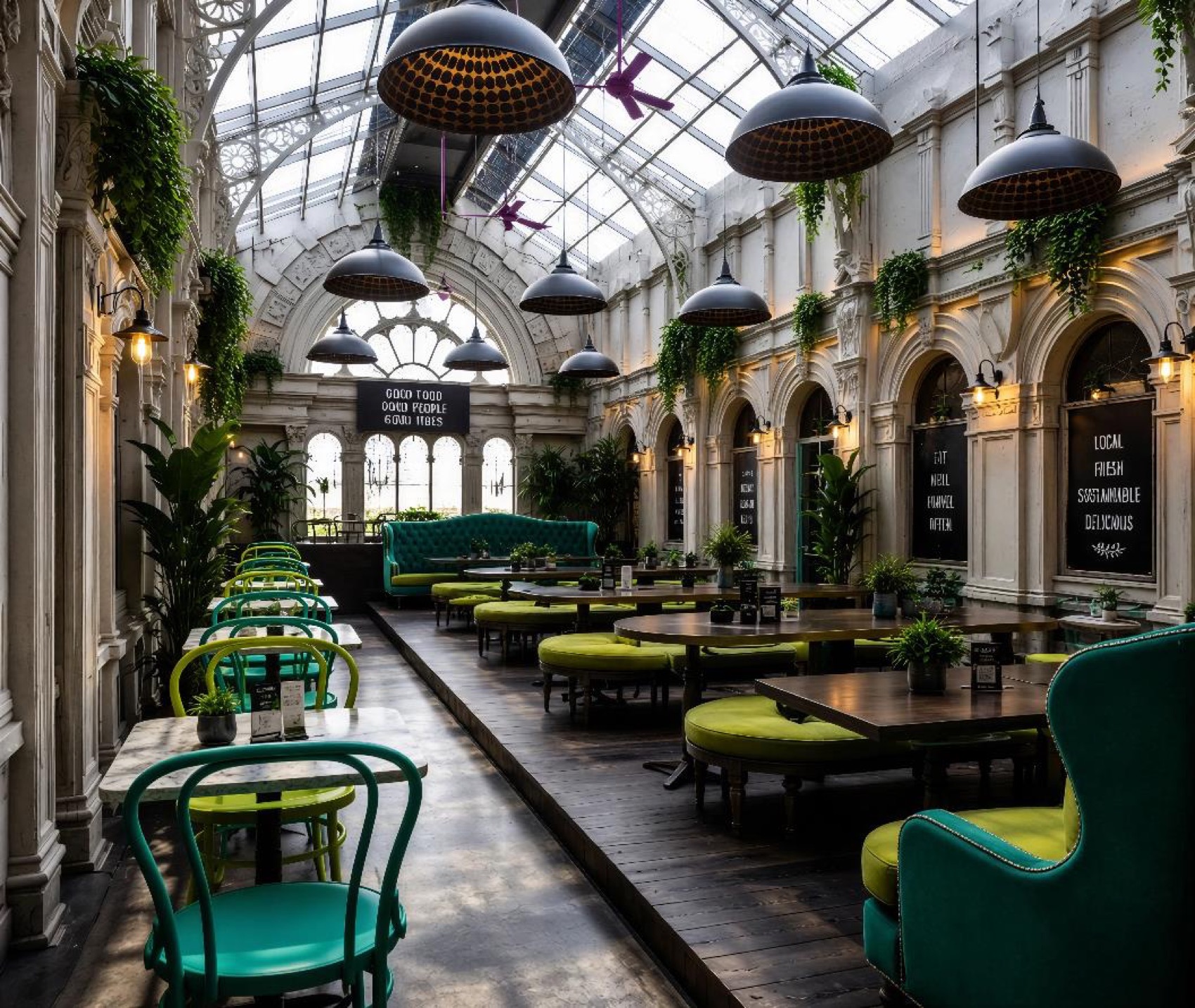A conservatory dining hall — biophilic planting layered through the original platforms.