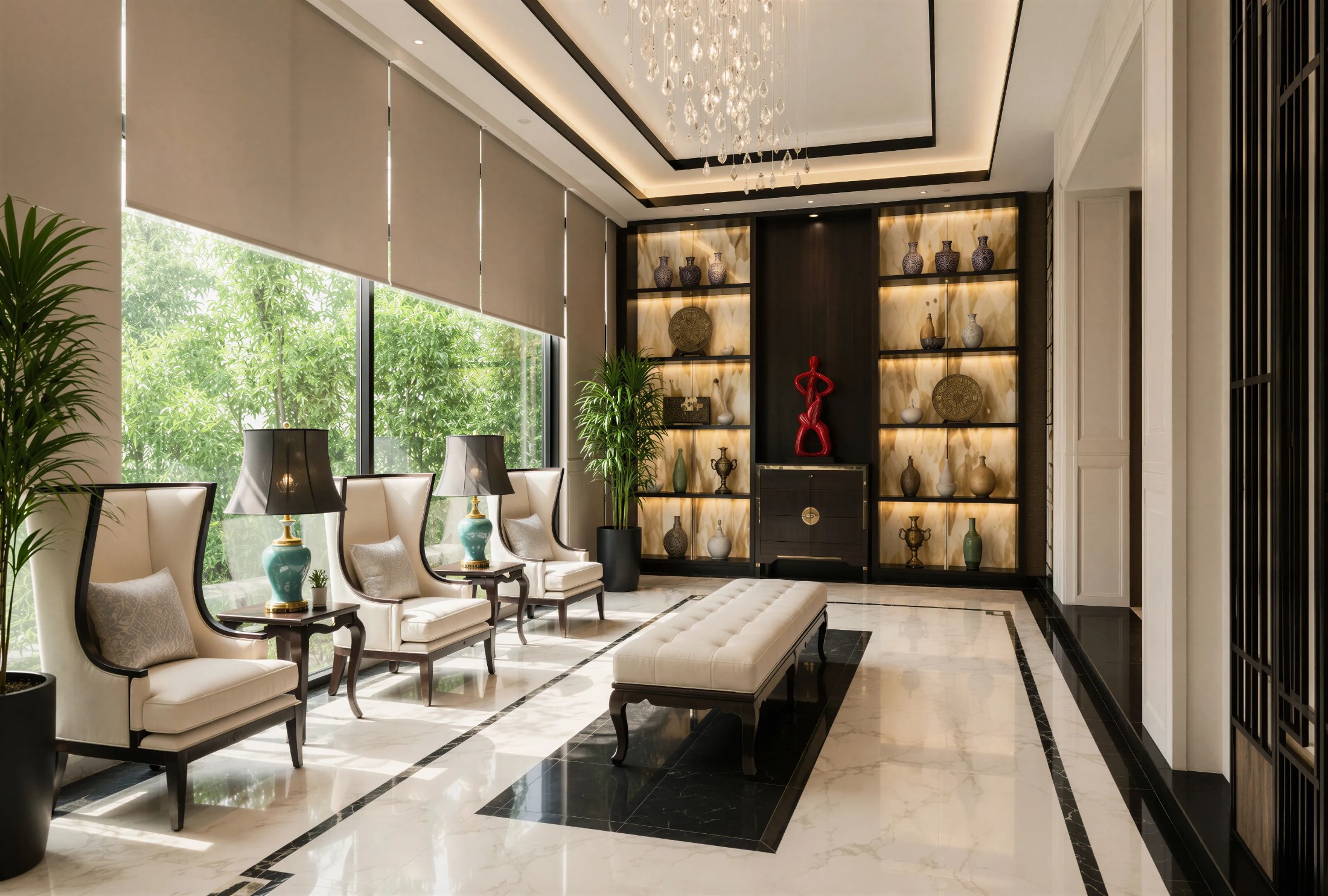 A jade-toned lounge — layered planting, onyx display walls and sculptural seating.