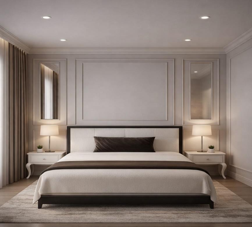 A guest suite composed for calm — warm neutrals, panelled walls, soft light.